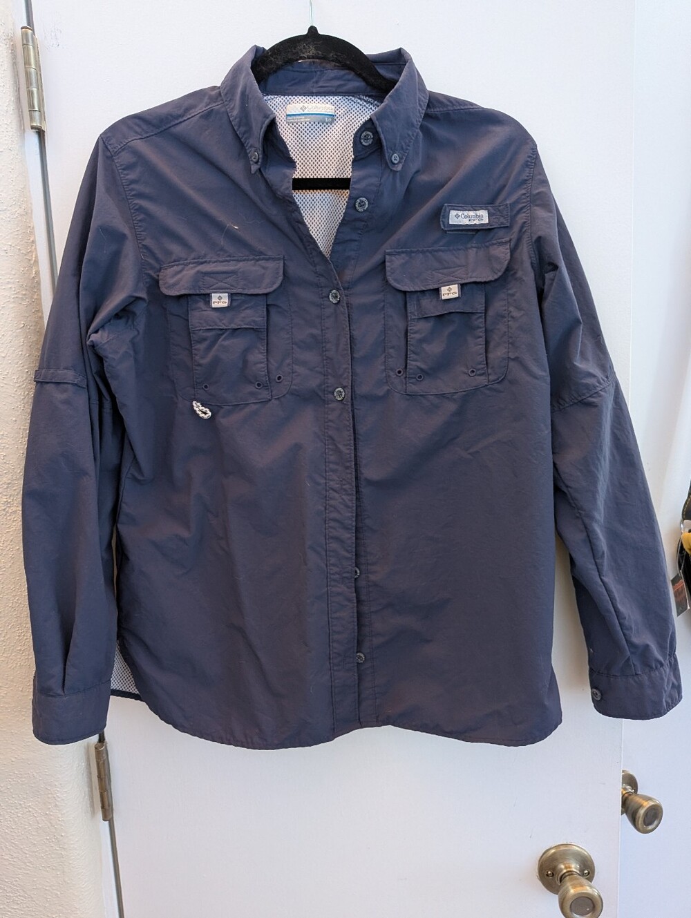 Columbia Women's Long Sleeve Shirt Navy Button Down Breathable PFG Nylon S/P